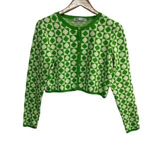 Retro Mod Crop Cardigan Zara Green Geometric Y2K Revival Size M